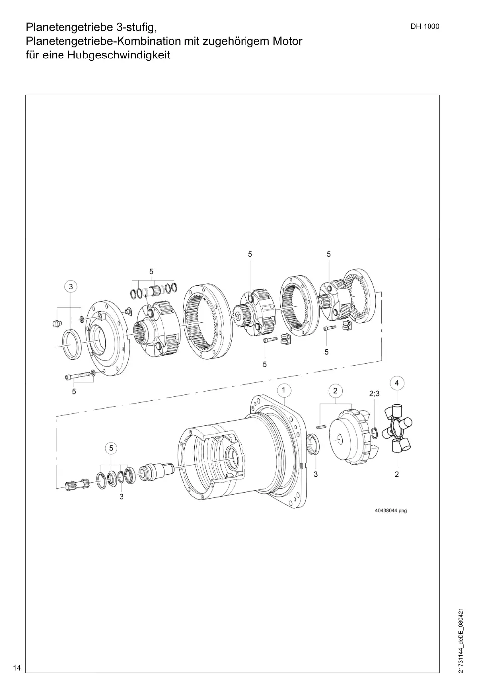 Demag DH 1000 – Planetengetriebe 3-stufig, Planetengetriebe-Kombination mit zugehörigem Motor für eine Hubgeschwindigkeit, Zeichnung Seite 14