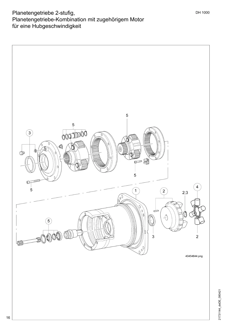 Demag DH 1000 – Planetengetriebe 2-stufig, Planetengetriebe-Kombination mit zugehörigem Motor für eine Hubgeschwindigkeit, Zeichnung Seite 16