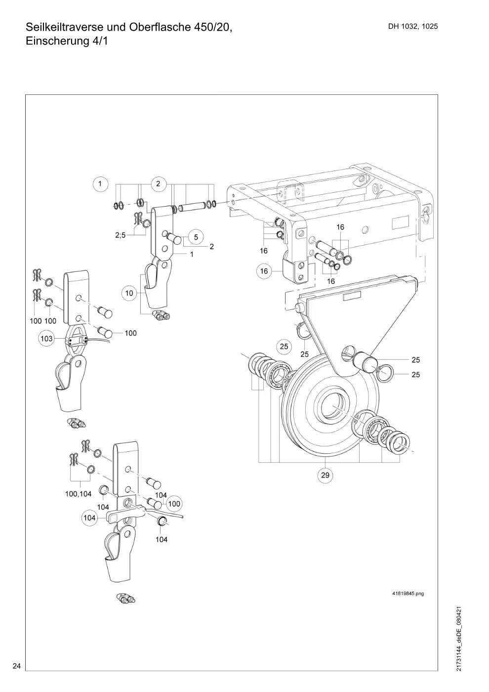 Demag DH 1000 – Seilkeiltraverse und Oberflasche 450/20, Einscherung 4/1, Zeichnung Seite 24