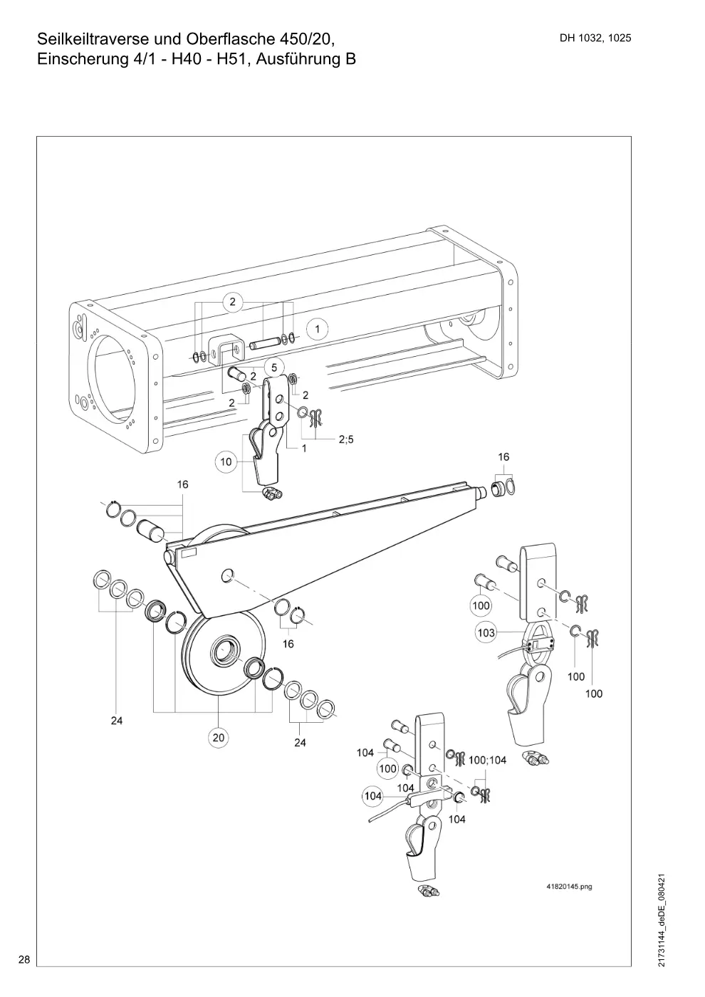 Demag DH 1000 – Seilkeiltraverse und Oberflasche 450/20, Einscherung 4/1 - H40 - H51, Ausführung B, Zeichnung Seite 28