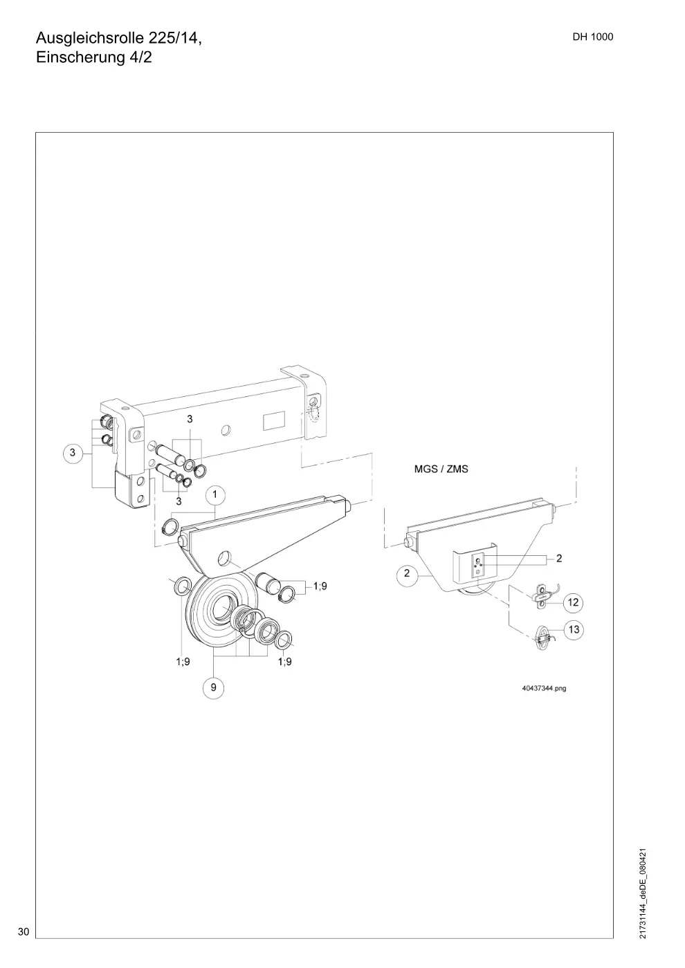 Demag DH 1000 – Ausgleichsrolle 225/14, Einscherung 4/2, Zeichnung Seite 30