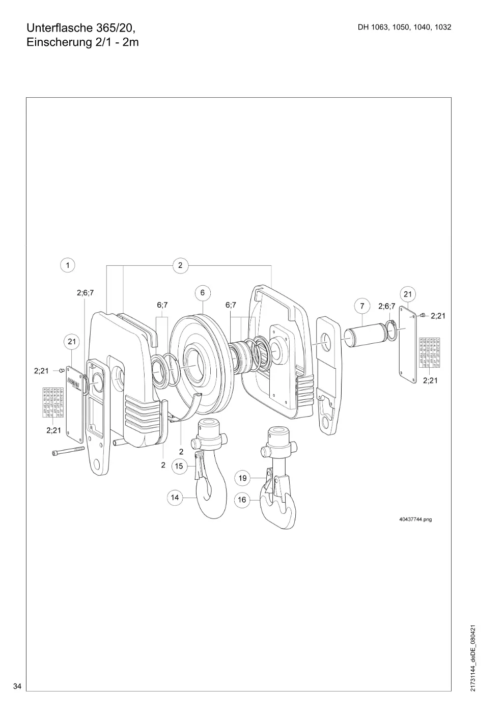 Demag DH 1000 – Unterflasche 365/20, DH 1063, 1050, 1040, 1032 Einscherung 2/1 - 2m, Zeichnung Seite 34