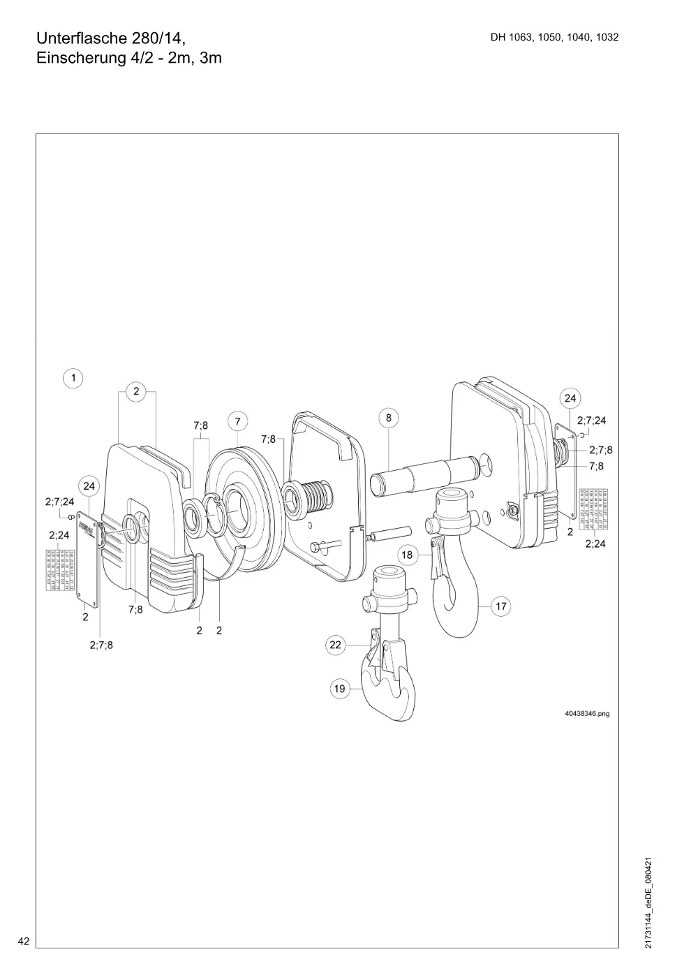 Demag DH 1000 – Unterflasche 280/14, DH 1063, 1050, 1040, 1032 Einscherung 4/2 - 2m, 3m, Zeichnung Seite 42