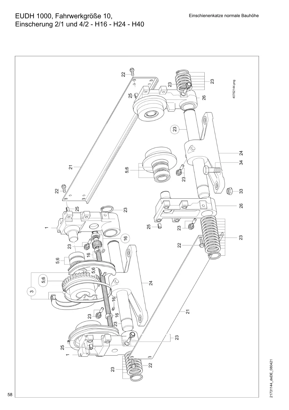Demag DH 1000 – EUDH 1000, Fahrwerkgröße 10, Einschienenkatze normale Bauhöhe Einscherung 2/1 und 4/2 - H16 - H24 - H40, Zeichnung Seite 58