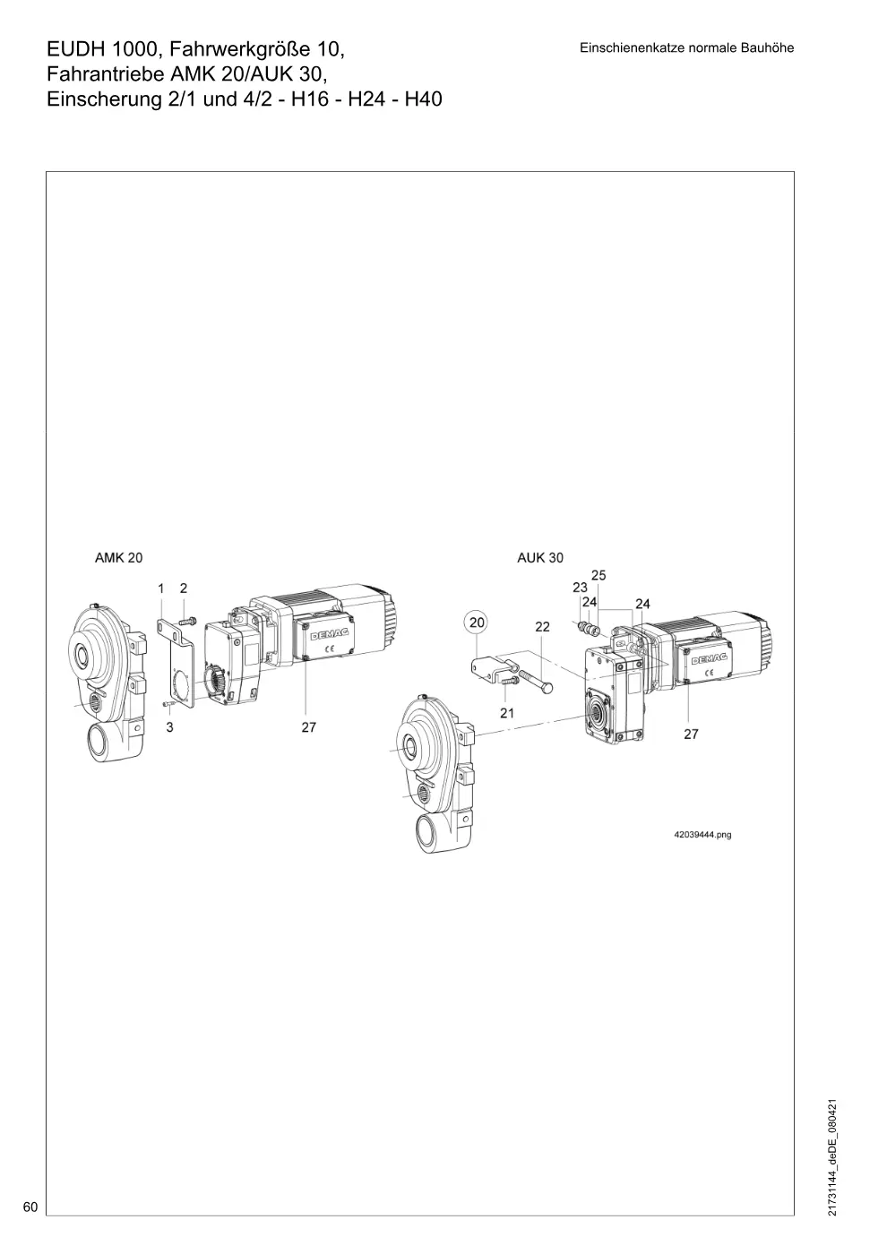 Demag DH 1000 – EUDH 1000, Fahrwerkgröße 10, Einschienenkatze normale Bauhöhe Fahrantriebe AMK 20/AUK 30, Einscherung 2/1 und 4/2 - H16 - H24 - H40, Zeichnung Seite 60