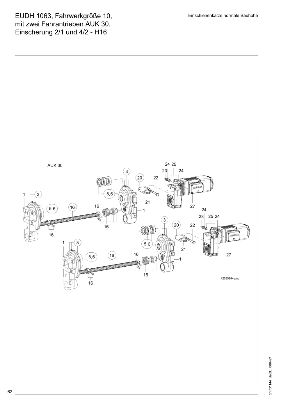 Demag DH 1000 – EUDH 1063, Fahrwerkgröße 10, Einschienenkatze normale Bauhöhe mit zwei Fahrantrieben AUK 30, Einscherung 2/1 und 4/2 - H16, Zeichnung Seite 62