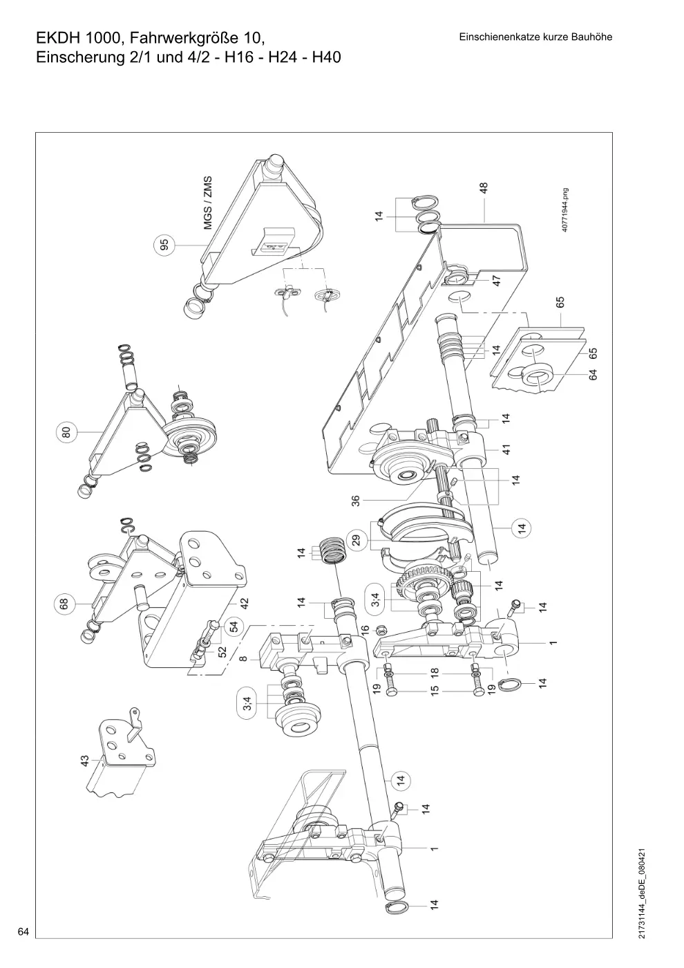 Demag DH 1000 – EKDH 1000, Fahrwerkgröße 10, Einschienenkatze kurze Bauhöhe Einscherung 2/1 und 4/2 - H16 - H24 - H40, Zeichnung Seite 64