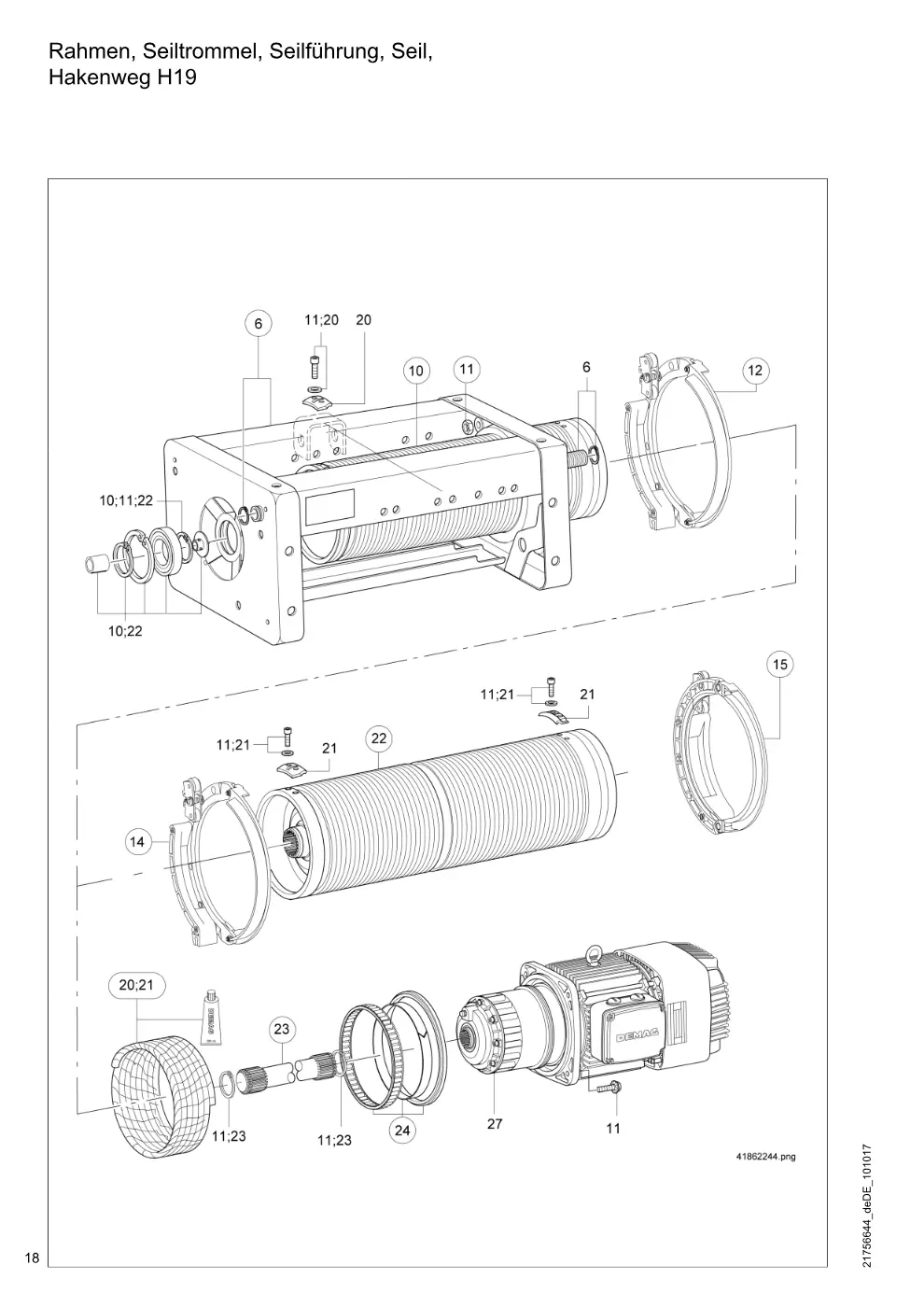 Demag DH 160 – Rahmen, Seiltrommel, Seilführung, Seil, Hakenweg H19, Zeichnung Seite 18