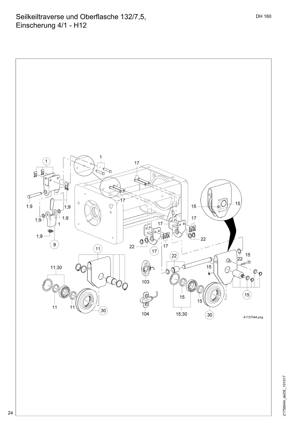 Demag DH 160 – Seilkeiltraverse und Oberflasche 132/7,5, Einscherung 4/1 - H12, Zeichnung Seite 24