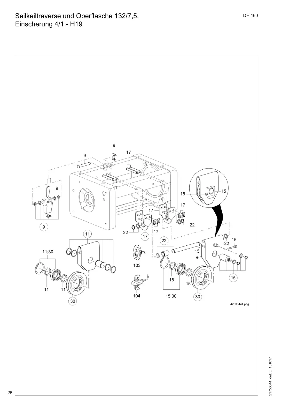 Demag DH 160 – Seilkeiltraverse und Oberflasche 132/7,5, Einscherung 4/1 - H19, Zeichnung Seite 26