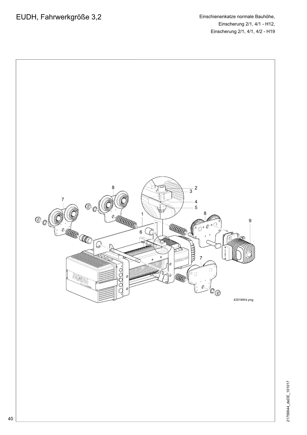 Demag DH 160 – EUDH, Fahrwerkgröße 3,2 Einschienenkatze normale Bauhöhe, Einscherung 2/1, 4/1 - H12, Einscherung 2/1, 4/1, 4/2 - H19, Zeichnung Seite 40