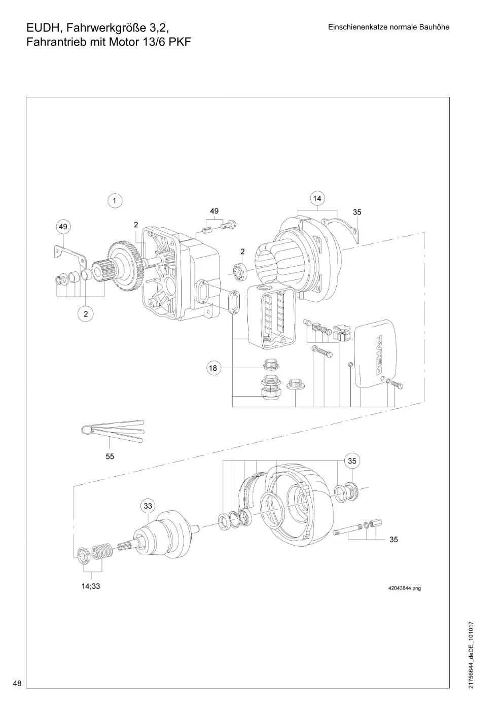 Demag DH 160 – EUDH, Fahrwerkgröße 3,2, Einschienenkatze normale Bauhöhe Fahrantrieb mit Motor 13/6 PKF, Zeichnung Seite 48