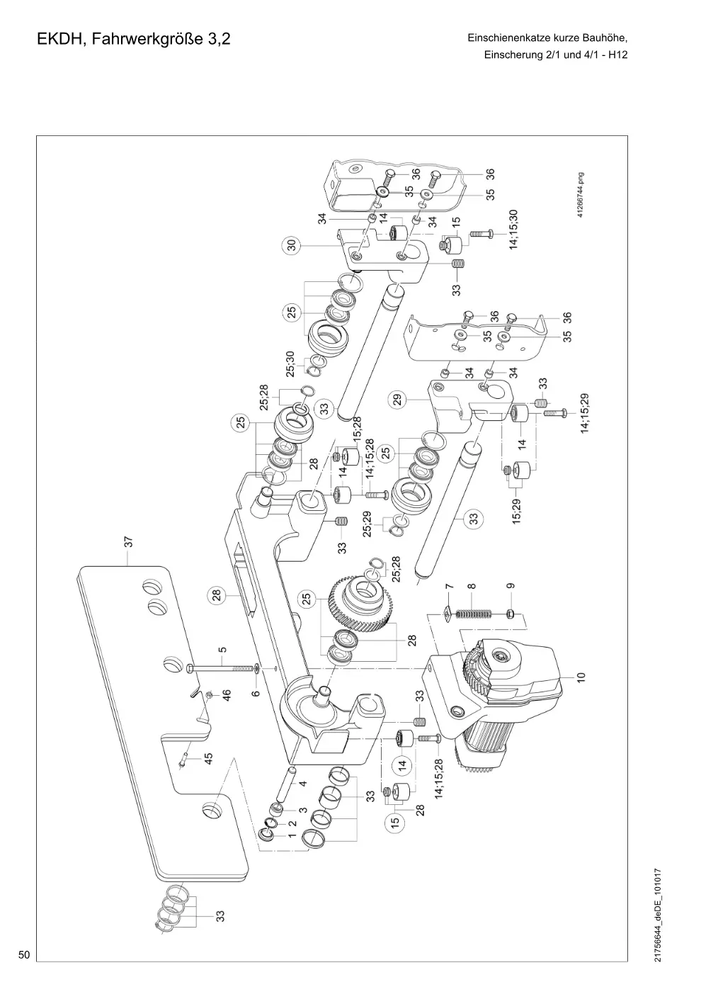 Demag DH 160 – EKDH, Fahrwerkgröße 3,2 Einschienenkatze kurze Bauhöhe, Einscherung 2/1 und 4/1 - H12, Zeichnung Seite 50