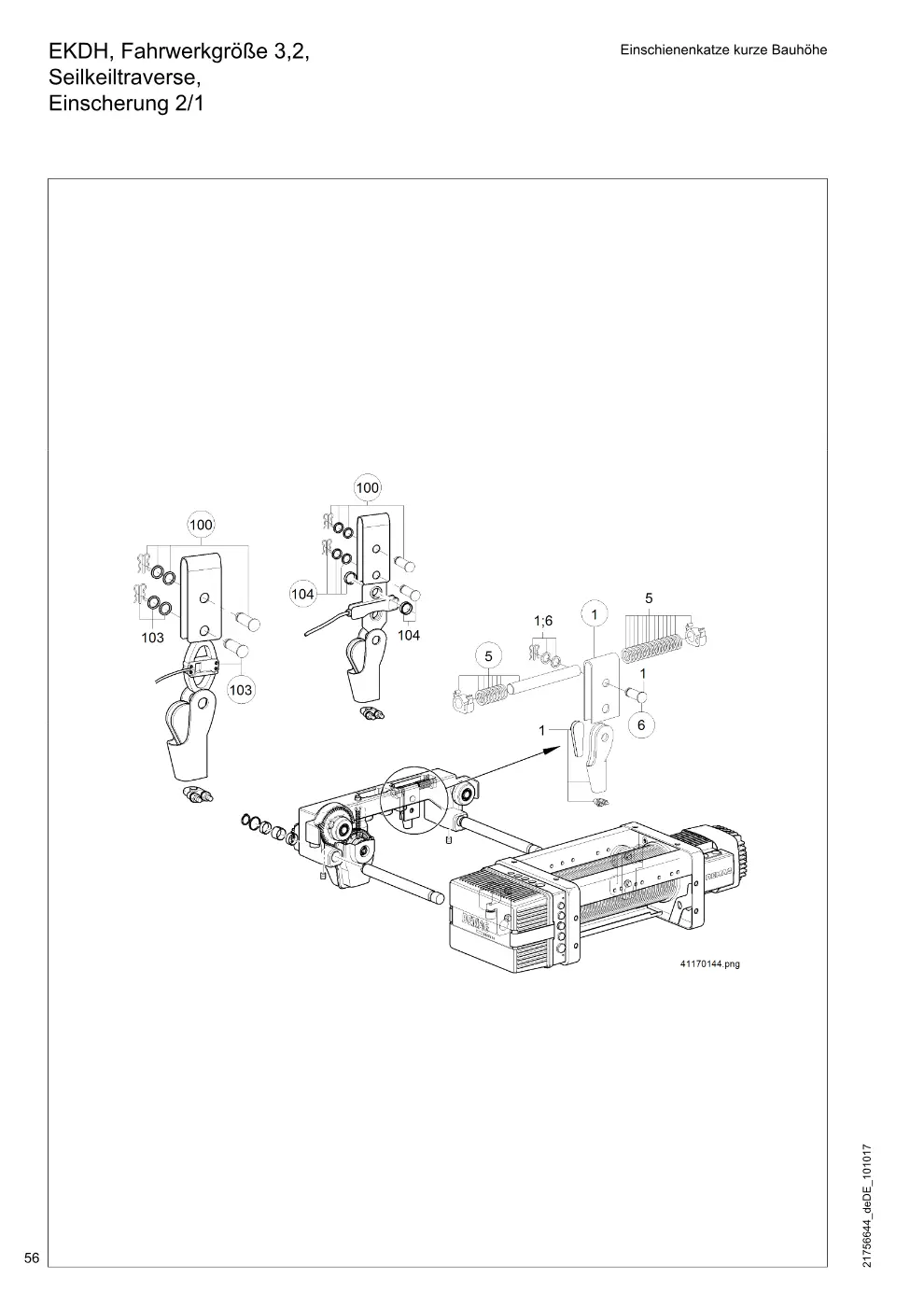 Demag DH 160 – EKDH, Fahrwerkgröße 3,2, Einschienenkatze kurze Bauhöhe Seilkeiltraverse, Einscherung 2/1, Zeichnung Seite 56