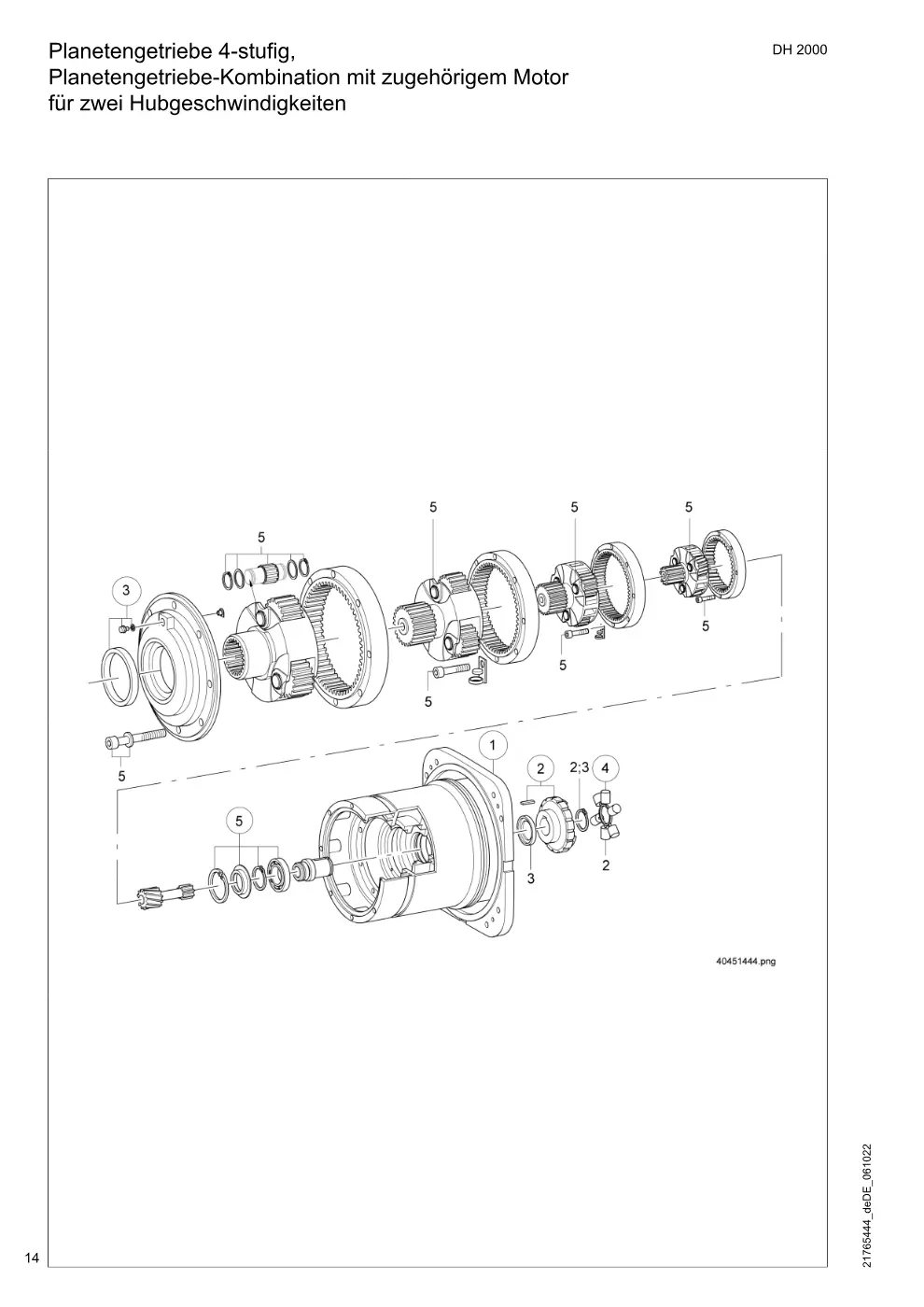 Demag DH 2000, Seil ø 25 – Planetengetriebe 4-stufig, Planetengetriebe-Kombination mit zugehörigem Motor für zwei Hubgeschwindigkeiten, Zeichnung Seite 14