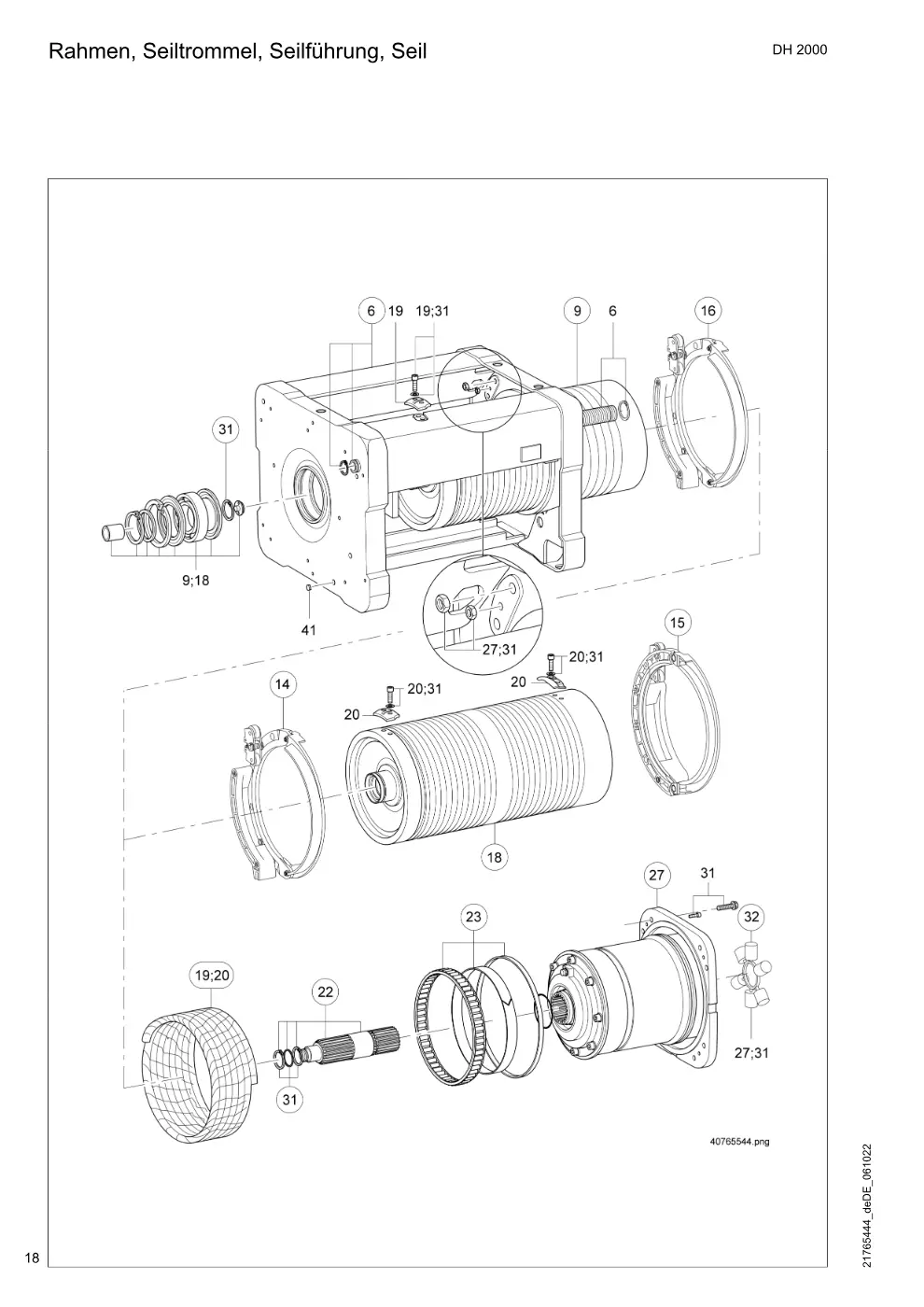 Demag DH 2000, Seil ø 25 – Rahmen, Seiltrommel, Seilführung, Seil, Zeichnung Seite 18