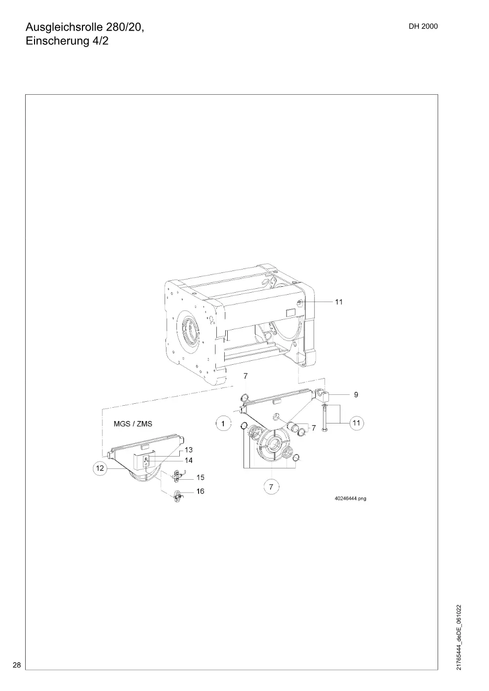 Demag DH 2000, Seil ø 25 – Ausgleichsrolle 280/20, Einscherung 4/2, Zeichnung Seite 28