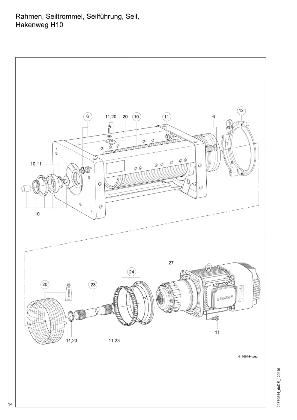 Demag DH 200 ab 1.6.1997 – Rahmen, Seiltrommel, Seilführung, Seil, Hakenweg H10, Zeichnung Seite 14
