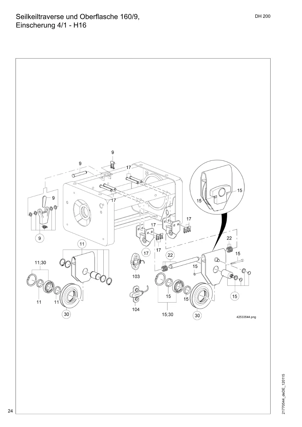 Demag DH 200 ab 1.6.1997 – Seilkeiltraverse und Oberflasche 160/9, Einscherung 4/1 - H16, Zeichnung Seite 24