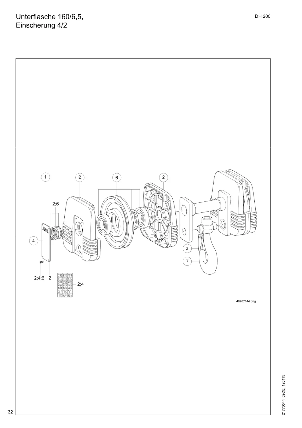 Demag DH 200 ab 1.6.1997 – Unterflasche 160/6,5, Einscherung 4/2, Zeichnung Seite 32