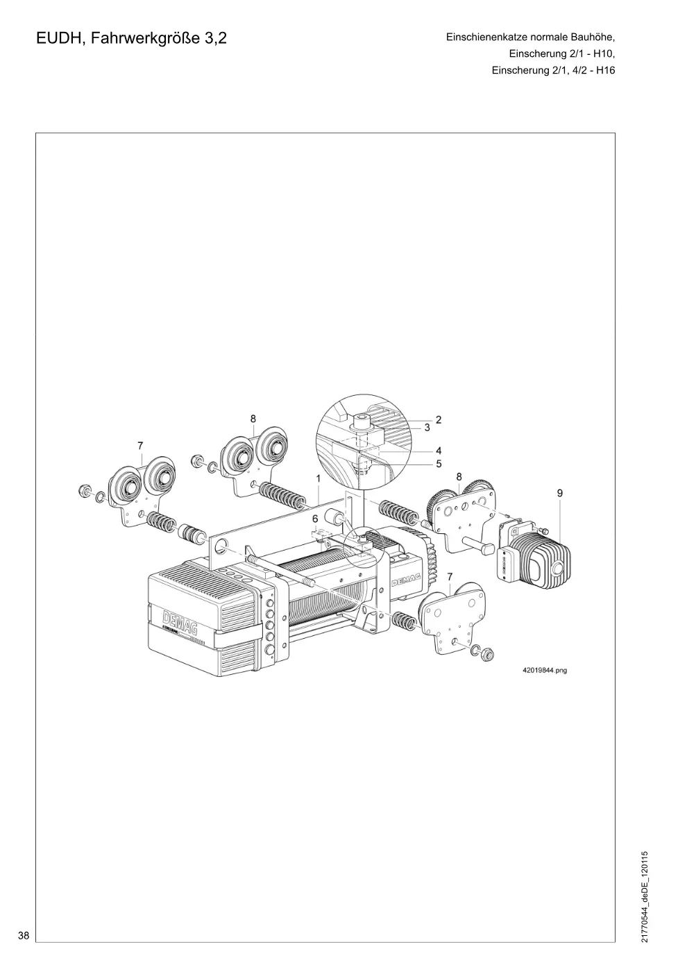 Demag DH 200 ab 1.6.1997 – EUDH, Fahrwerkgröße 3,2 Einschienenkatze normale Bauhöhe, Einscherung 2/1, 4/2 - H16, Zeichnung Seite 38