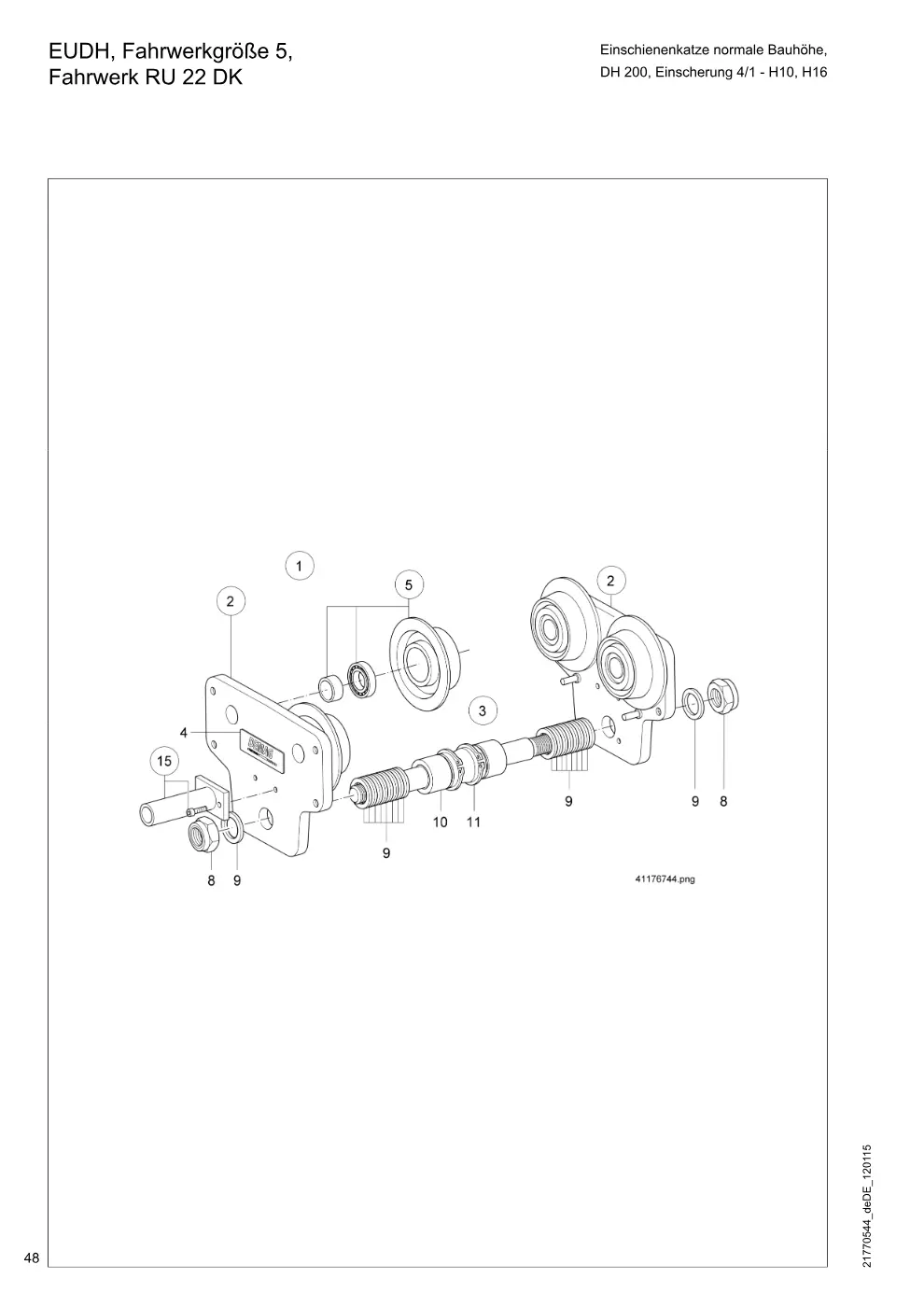 Demag DH 200 ab 1.6.1997 – EUDH, Fahrwerkgröße 5, Einschienenkatze normale Bauhöhe, Fahrwerk RU 22 DK DH 200, Einscherung 4/1 - H10, H16, Zeichnung Seite 48