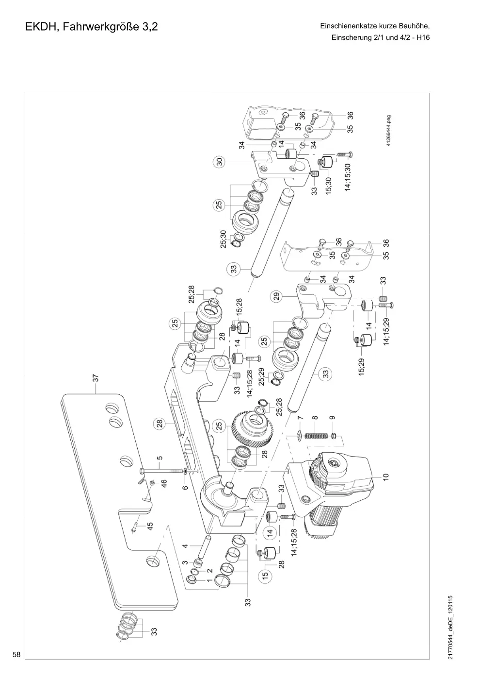 Demag DH 200 ab 1.6.1997 – EKDH, Fahrwerkgröße 3,2 Einschienenkatze kurze Bauhöhe, Einscherung 2/1 und 4/2 - H16, Zeichnung Seite 58