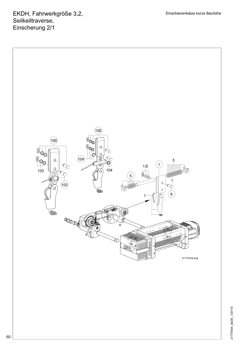 Demag DH 200 ab 1.6.1997 – EKDH, Fahrwerkgröße 3,2, Einschienenkatze kurze Bauhöhe Seilkeiltraverse, Einscherung 2/1, Zeichnung Seite 60