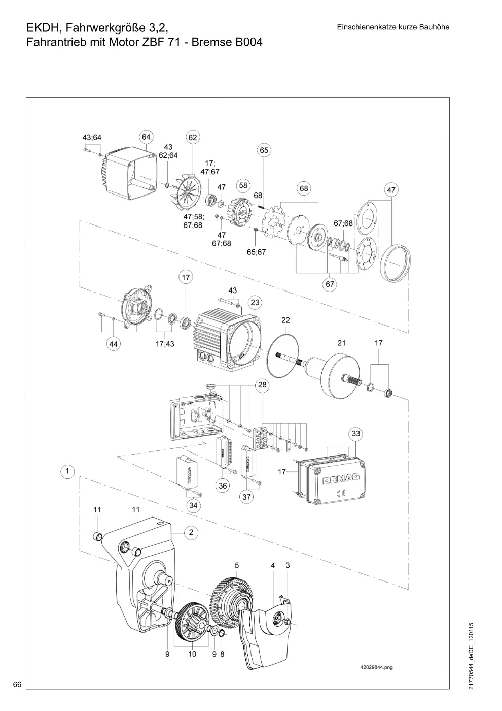 Demag DH 200 ab 1.6.1997 – EKDH, Fahrwerkgröße 3,2, Einschienenkatze kurze Bauhöhe Fahrantrieb mit Motor ZBF 71 - Bremse B004, Zeichnung Seite 66
