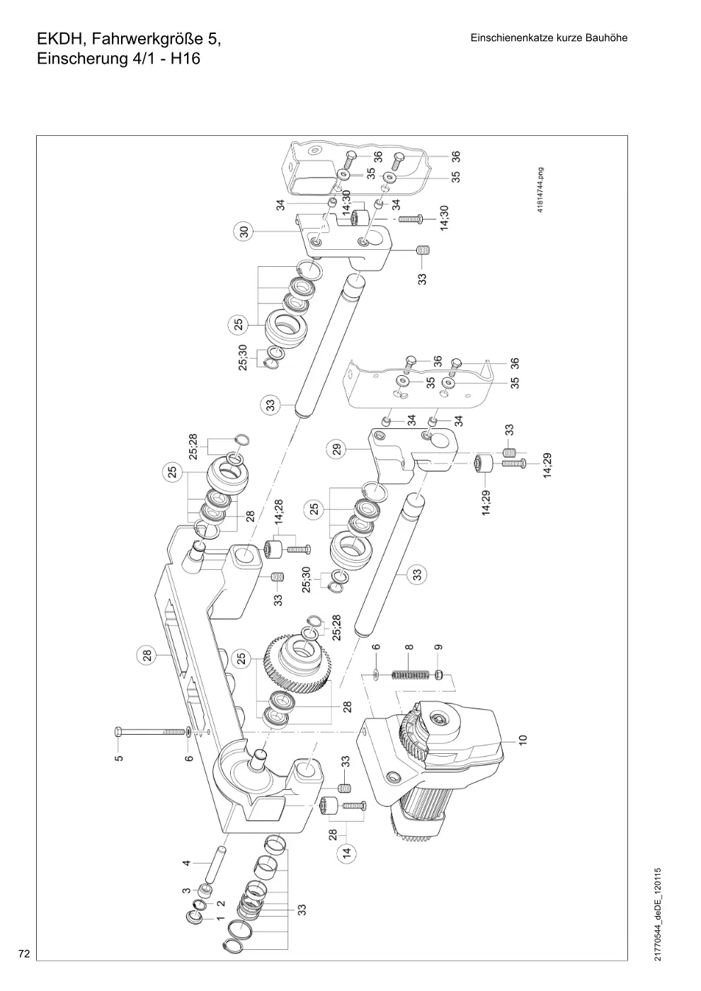Demag DH 200 ab 1.6.1997 – EKDH, Fahrwerkgröße 5, Einschienenkatze kurze Bauhöhe Einscherung 4/1 - H16, Zeichnung Seite 72