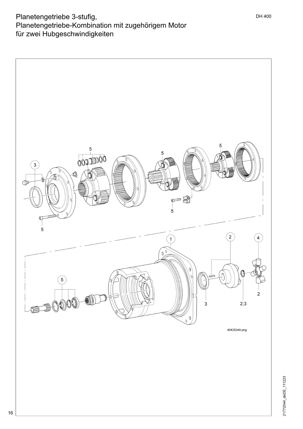 Demag DH 400 – Planetengetriebe 3-stufig, Planetengetriebe-Kombination mit zugehörigem Motor für zwei Hubgeschwindigkeiten, Zeichnung Seite 16