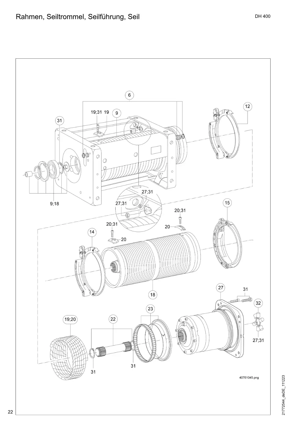 Demag DH 400 – Rahmen, Seiltrommel, Seilführung, Seil, Zeichnung Seite 22