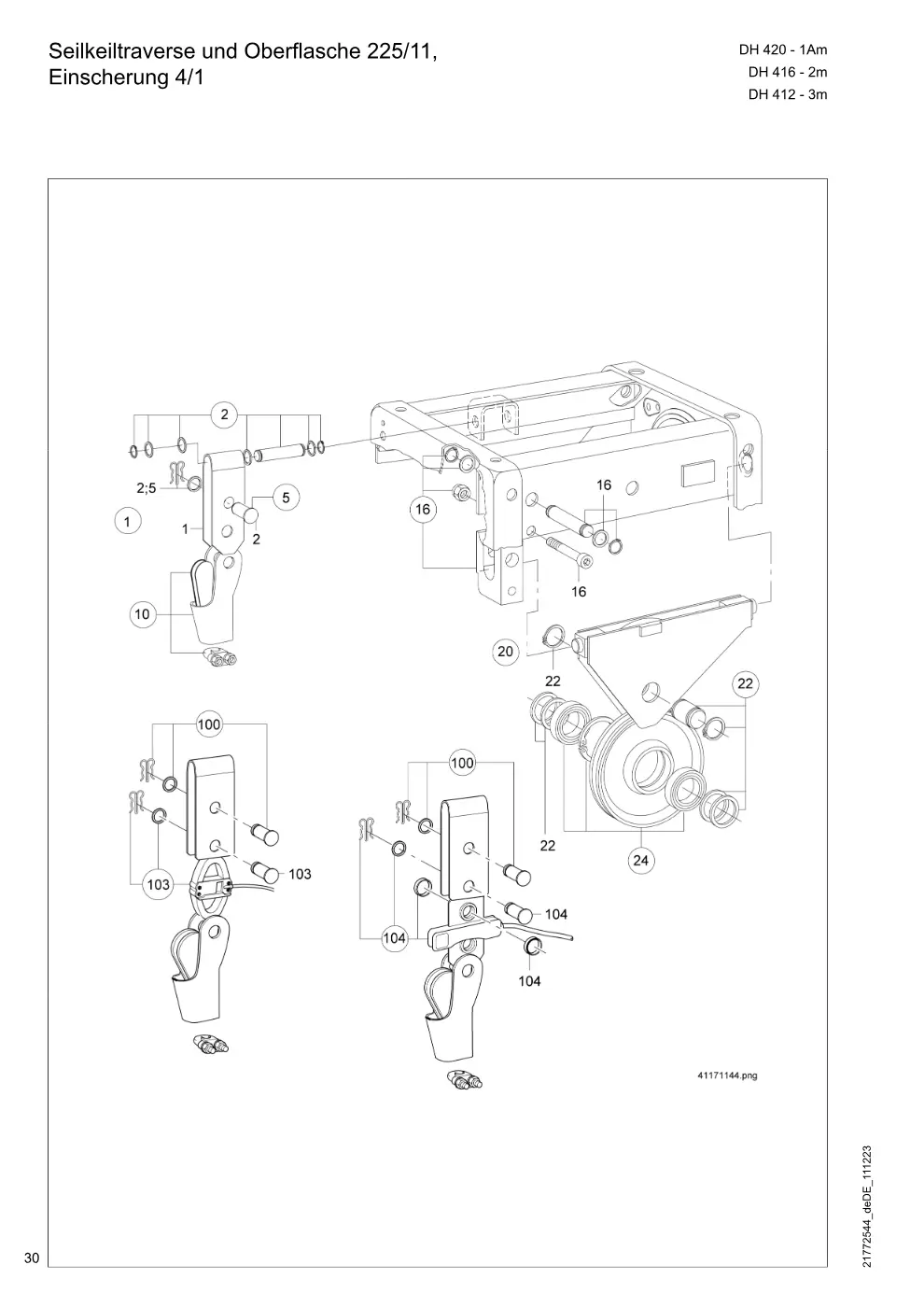 Demag DH 400 – Seilkeiltraverse und Oberflasche 225/11, Einscherung 4/1, Zeichnung Seite 30