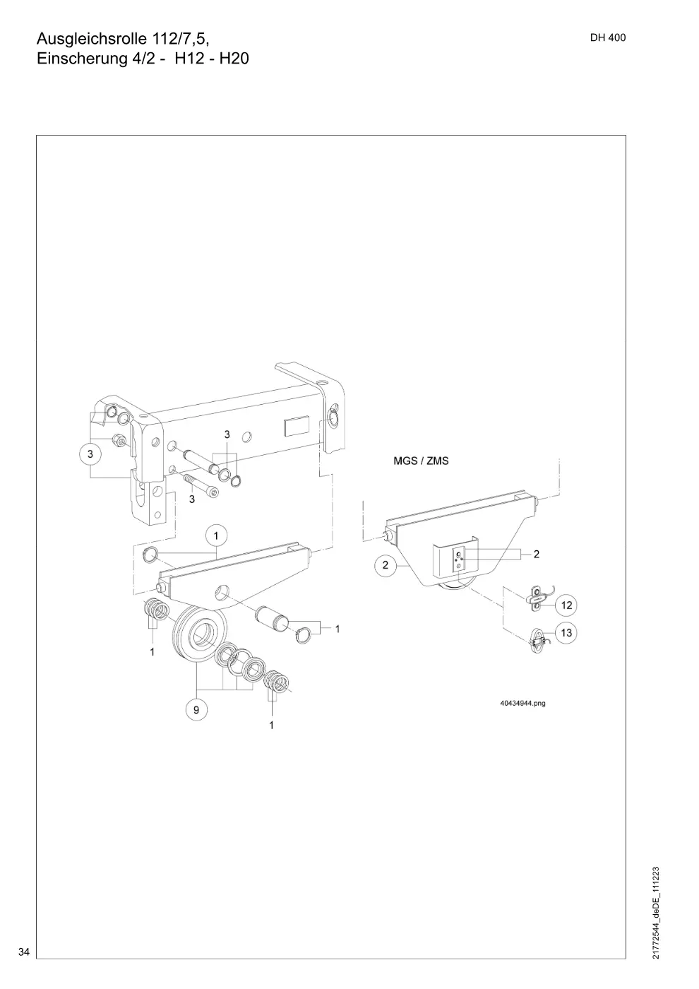 Demag DH 400 – Ausgleichsrolle 112/7,5, Einscherung 4/2 - H12 - H20, Zeichnung Seite 34