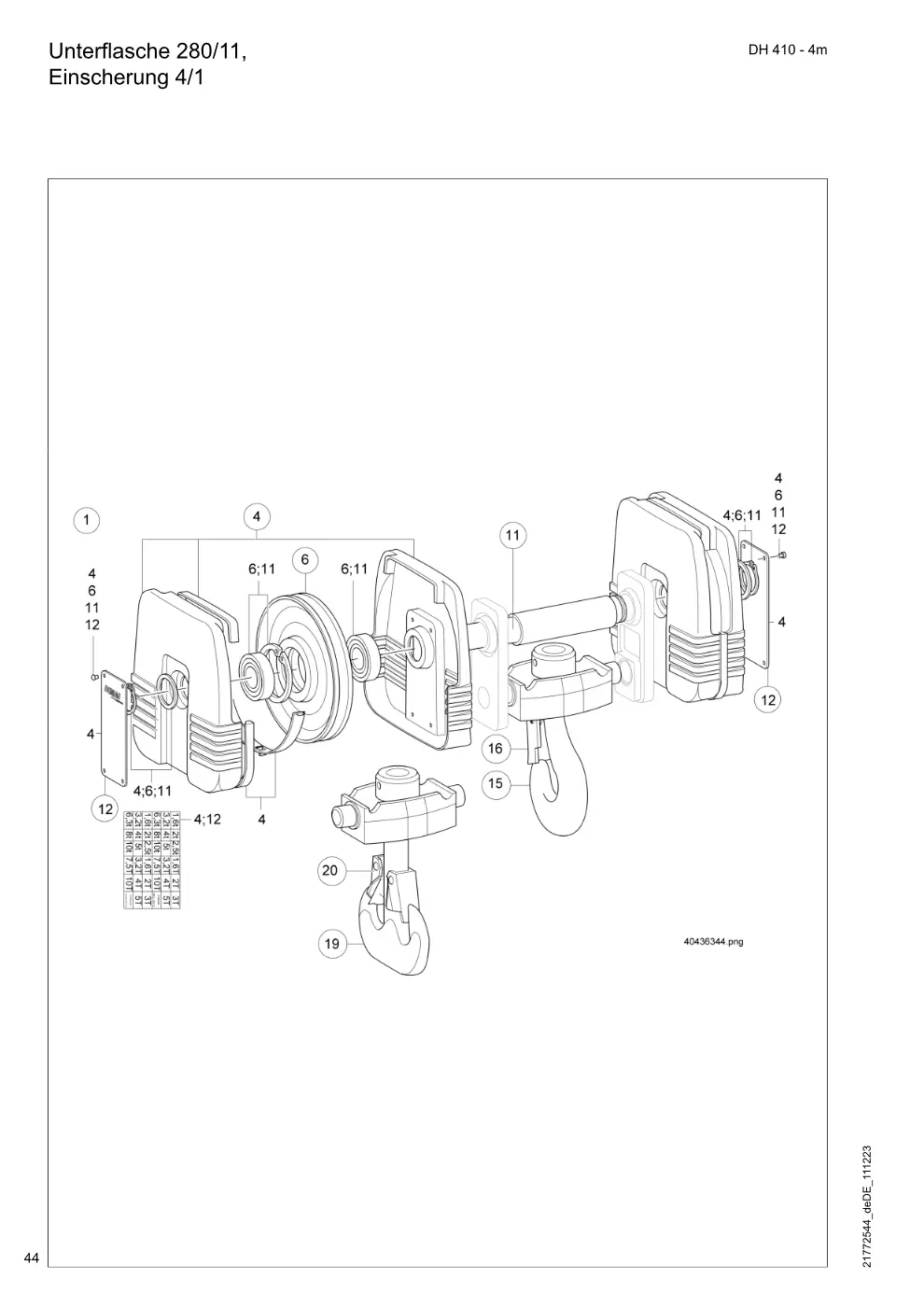 Demag DH 400 – Unterflasche 280/11, Einscherung 4/1, Zeichnung Seite 44