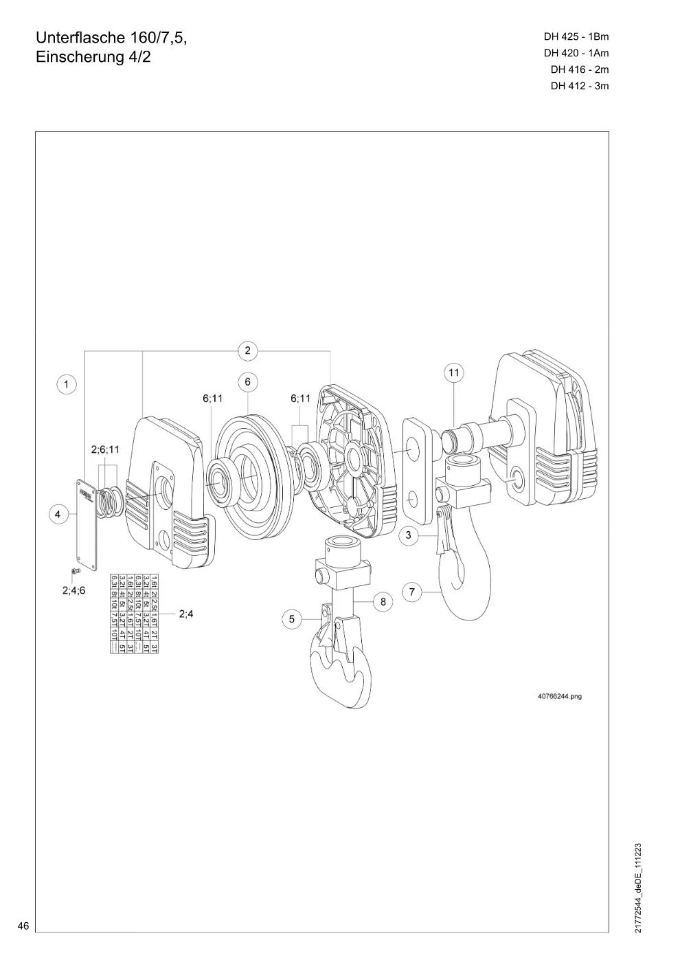 Demag DH 400 – Unterflasche 160/7,5, Einscherung 4/2, Zeichnung Seite 46