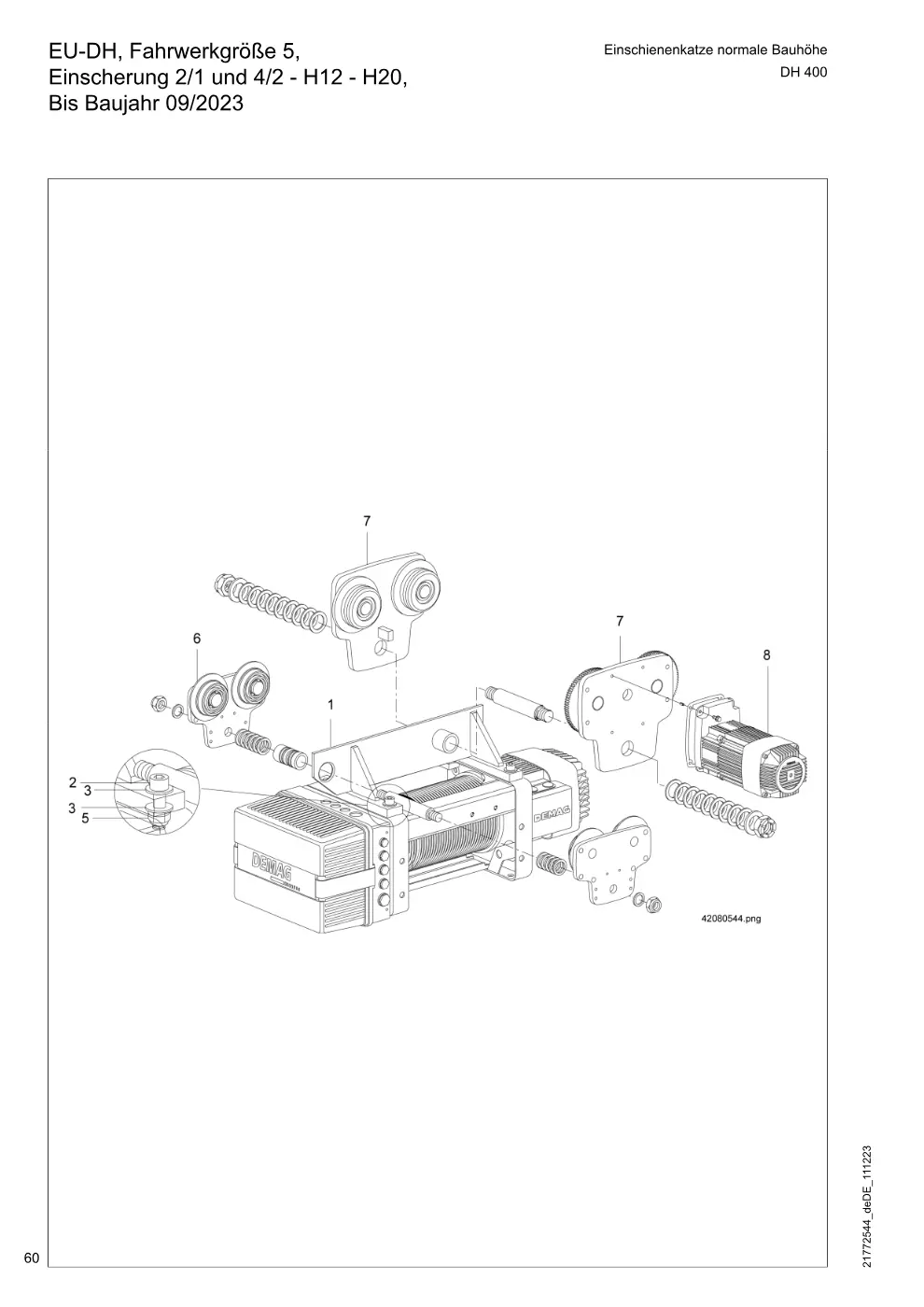 Demag DH 400 – EU-DH, Fahrwerkgröße 5, Einschienenkatze normale Bauhöhe Einscherung 2/1 und 4/2 - H12 - H20, Bis Baujahr 09/2023, Zeichnung Seite 60