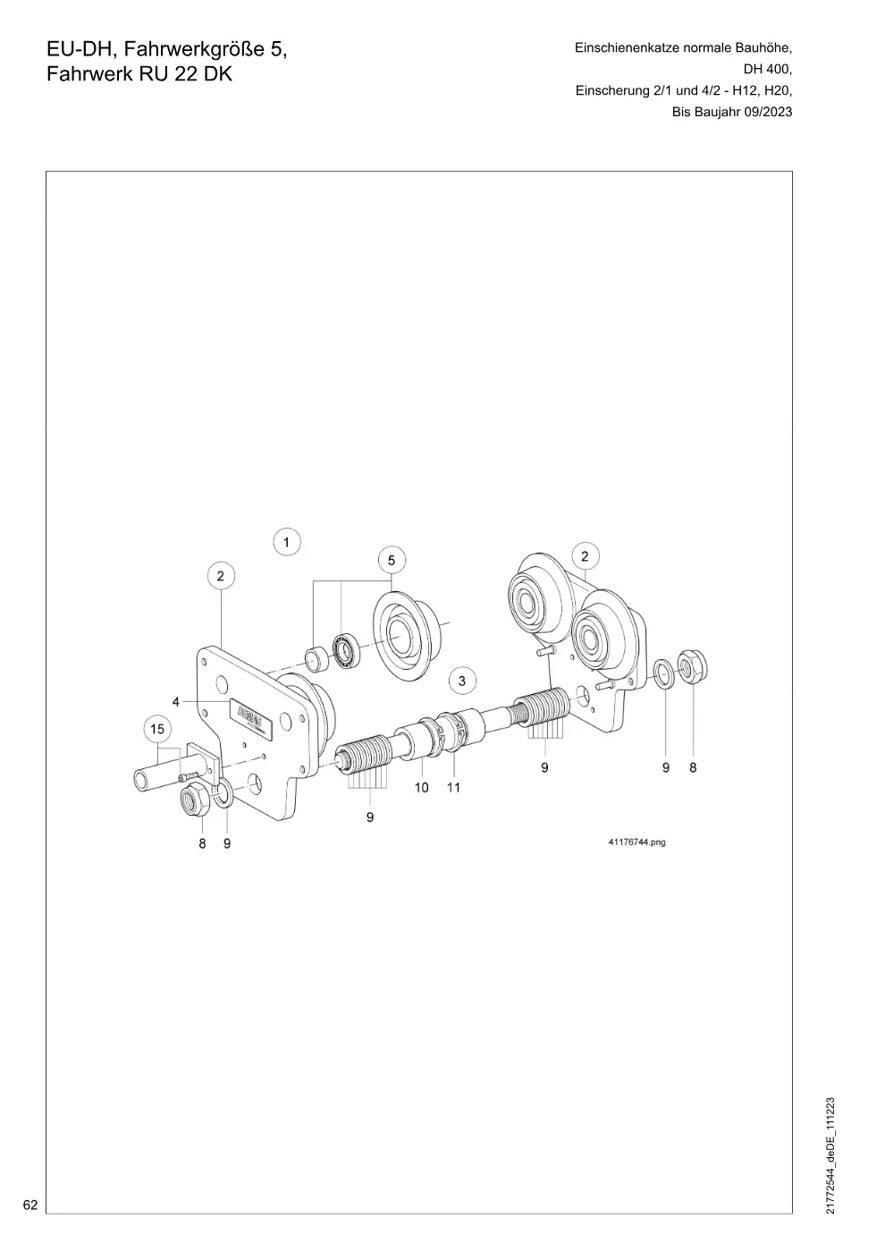 Demag DH 400 – EU-DH, Fahrwerkgröße 5, Einschienenkatze normale Bauhöhe, Fahrwerk RU 22 DK Einscherung 2/1 und 4/2 - H12, H20,, Zeichnung Seite 62