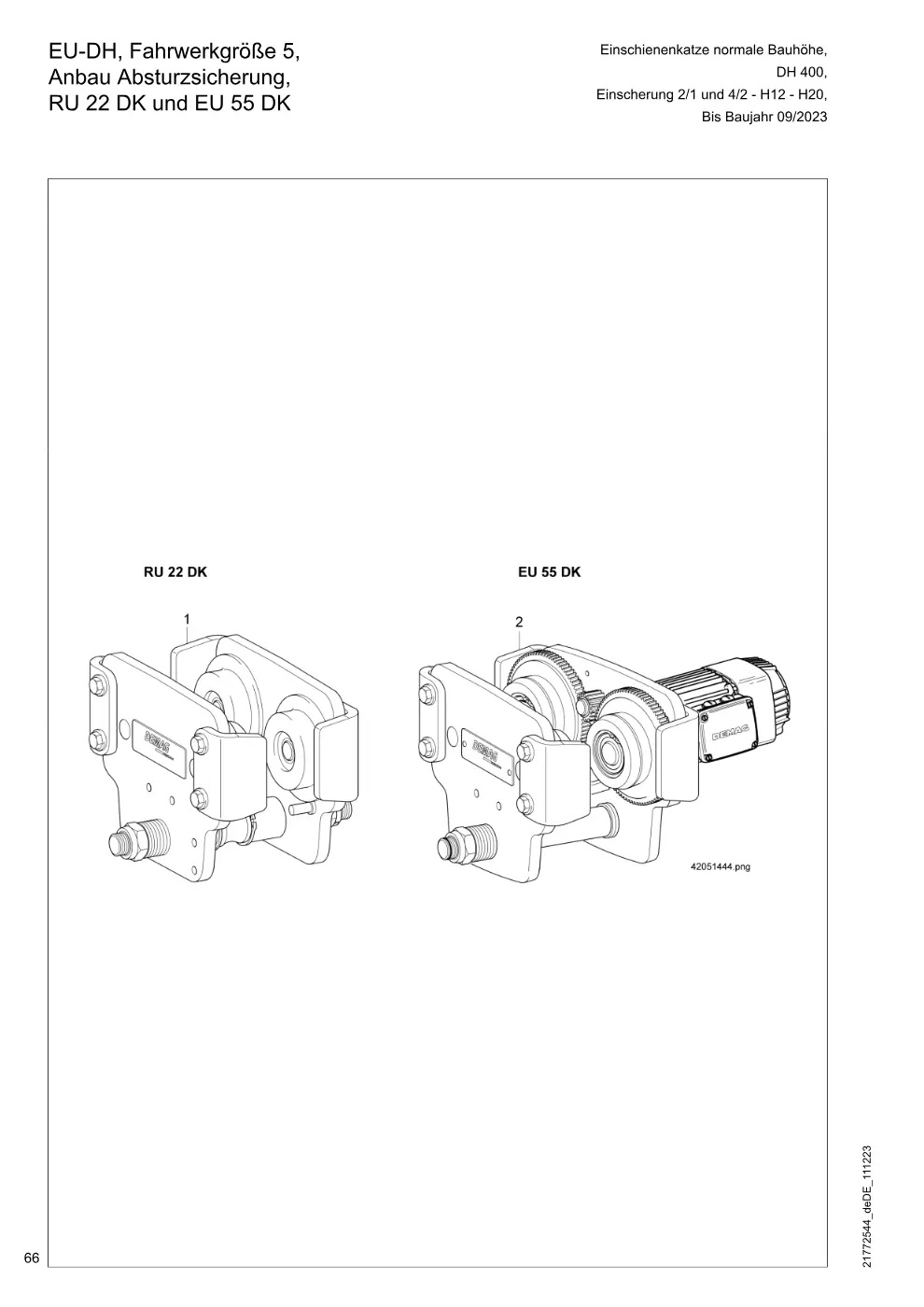 Demag DH 400 – EU-DH, Fahrwerkgröße 5, Einschienenkatze normale Bauhöhe, Anbau Absturzsicherung, Einscherung 2/1 und 4/2 - H12 - H20, RU 22 DK und EU 55 DK, Zeichnung Seite 66