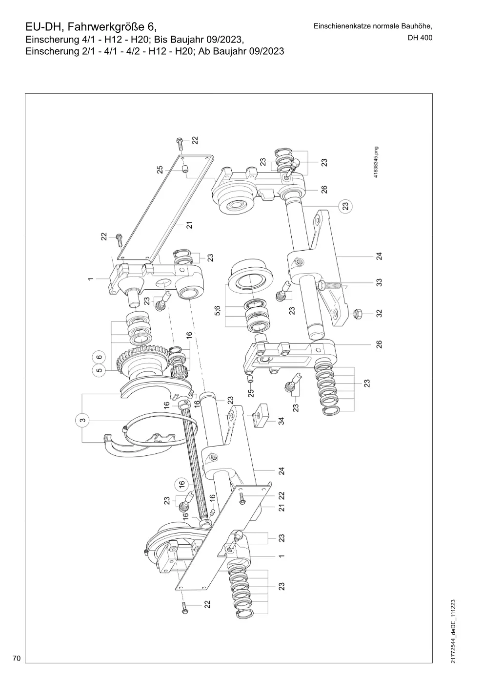 Demag DH 400 – EU-DH, Fahrwerkgröße 6, Einschienenkatze normale Bauhöhe, Einscherung 4/1 - H12 - H20; Bis Baujahr 09/2023, Einscherung 2/1 - 4/1 - 4/2 - H1, Zeichnung Seite 70