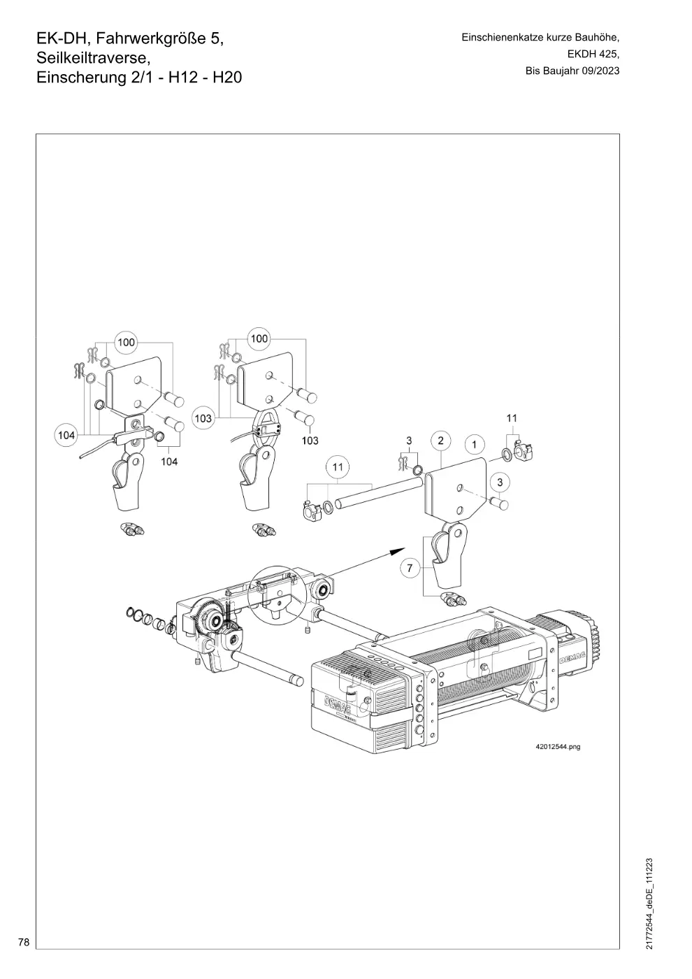 Demag DH 400 – EK-DH, Fahrwerkgröße 5, Einschienenkatze kurze Bauhöhe, Seilkeiltraverse, Einscherung 2/1 - H12 - H20, Zeichnung Seite 78