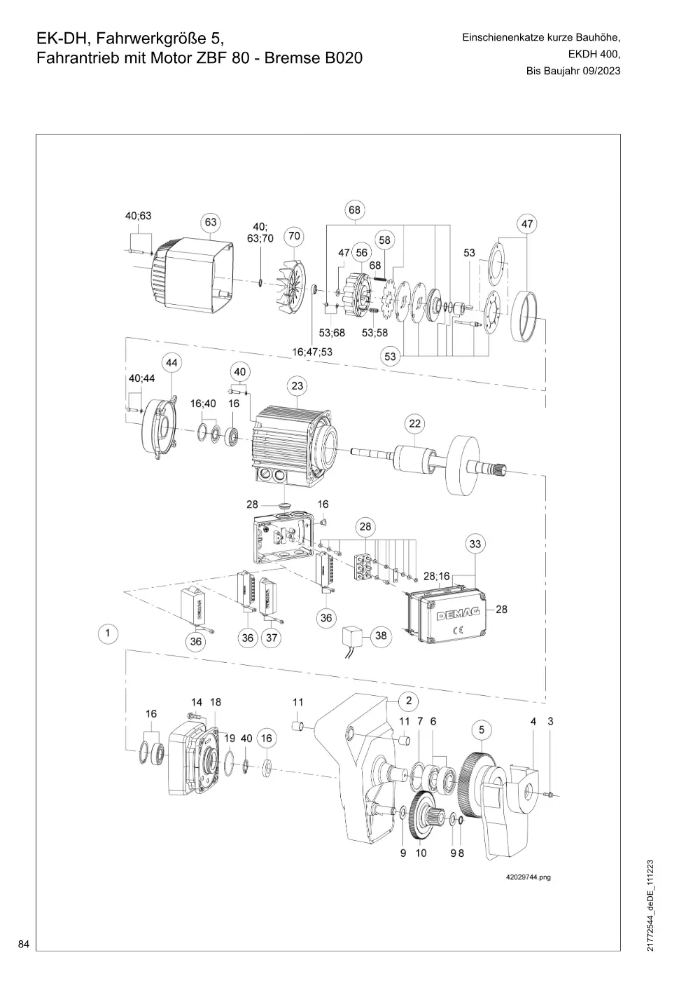 Demag DH 400 – EK-DH, Fahrwerkgröße 5, Einschienenkatze kurze Bauhöhe, Fahrantrieb mit Motor ZBF 80 - Bremse B020, Zeichnung Seite 84