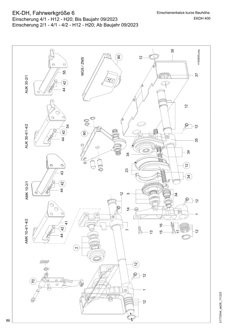 Demag DH 400 – EK-DH, Fahrwerkgröße 6 Einschienenkatze kurze Bauhöhe, Einscherung 4/1 - H12 - H20; Bis Baujahr 09/2023 Einscherung 2/1 - 4/1 - 4/2 - H12 - , Zeichnung Seite 86