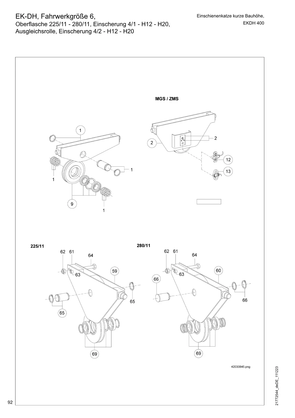 Demag DH 400 – EK-DH, Fahrwerkgröße 6, Einschienenkatze kurze Bauhöhe, Oberflasche 225/11 - 280/11, Einscherung 4/1 - H12 - H20, Ausgleichsrolle, Einscheru, Zeichnung Seite 92