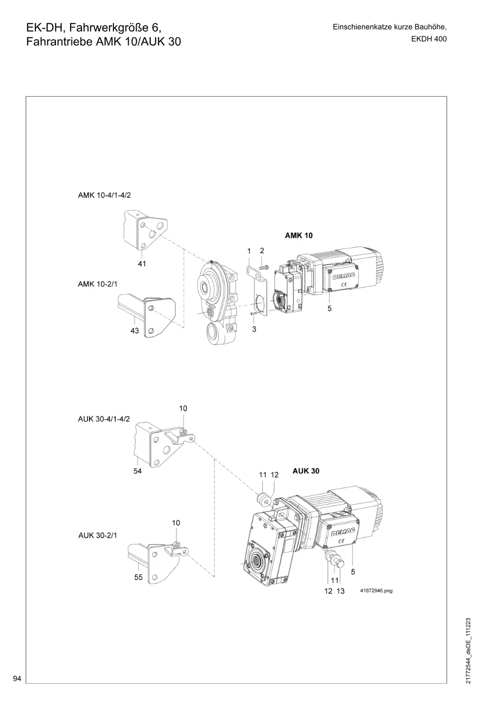 Demag DH 400 – EK-DH, Fahrwerkgröße 6, Einschienenkatze kurze Bauhöhe, Fahrantriebe AMK 10/AUK 30, Zeichnung Seite 94