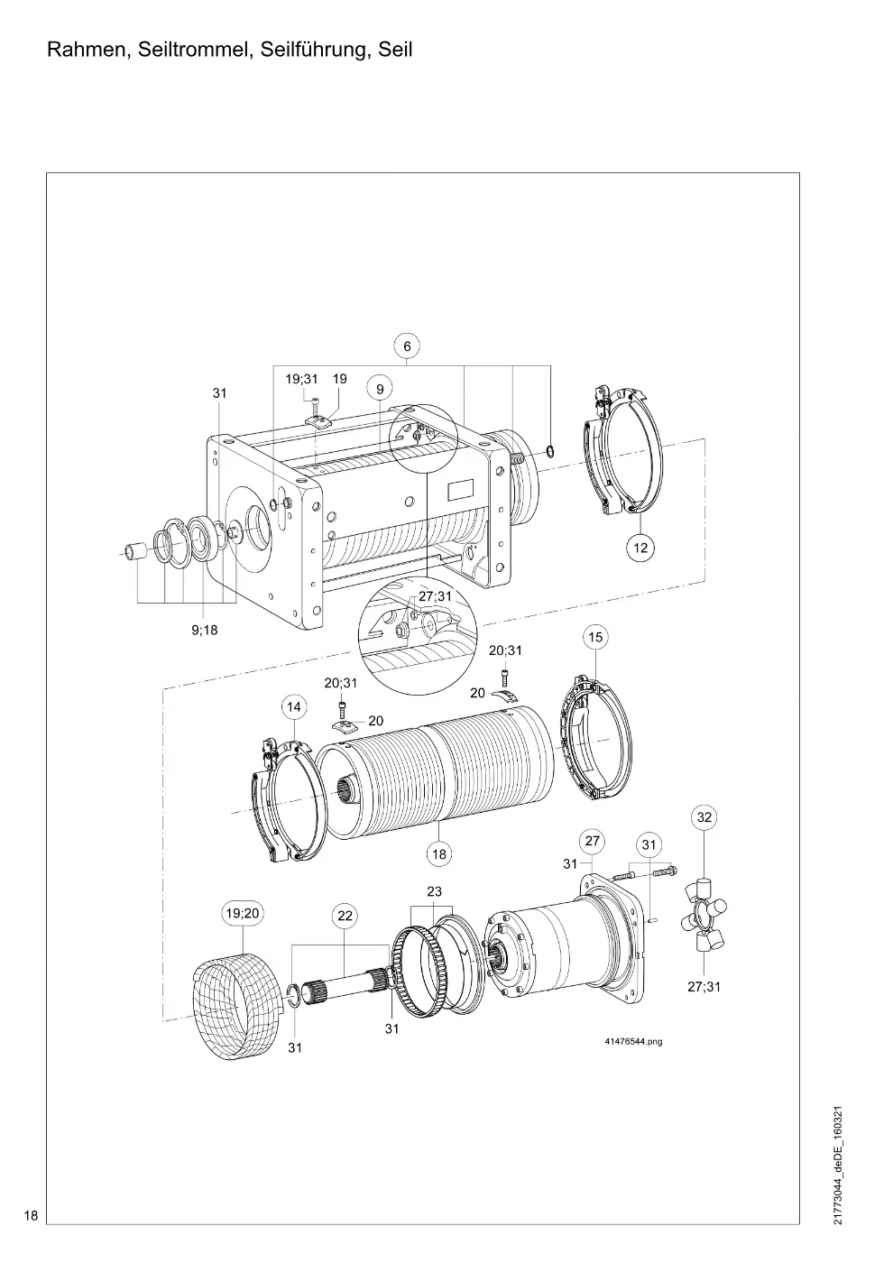 Demag DH 600 – Rahmen, Seiltrommel, Seilführung, Seil, Zeichnung Seite 18