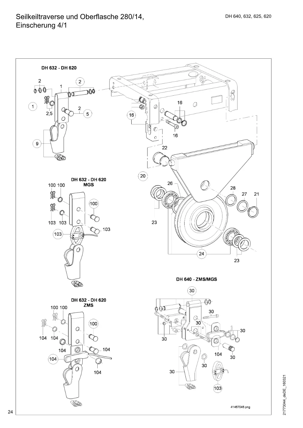 Demag DH 600 – Seilkeiltraverse und Oberflasche 280/14, Einscherung 4/1, Zeichnung Seite 24