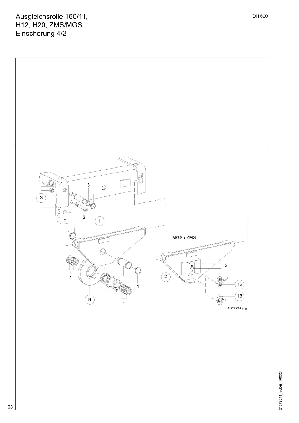 Demag DH 600 – Ausgleichsrolle 160/11, H12, H20, ZMS/MGS, Einscherung 4/2, Zeichnung Seite 28