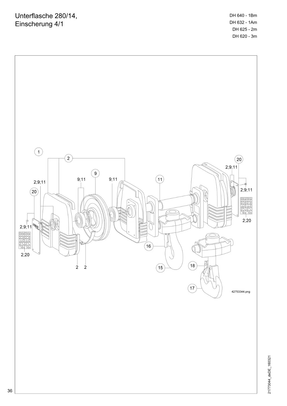 Demag DH 600 – Unterflasche 280/14, Einscherung 4/1, Zeichnung Seite 36