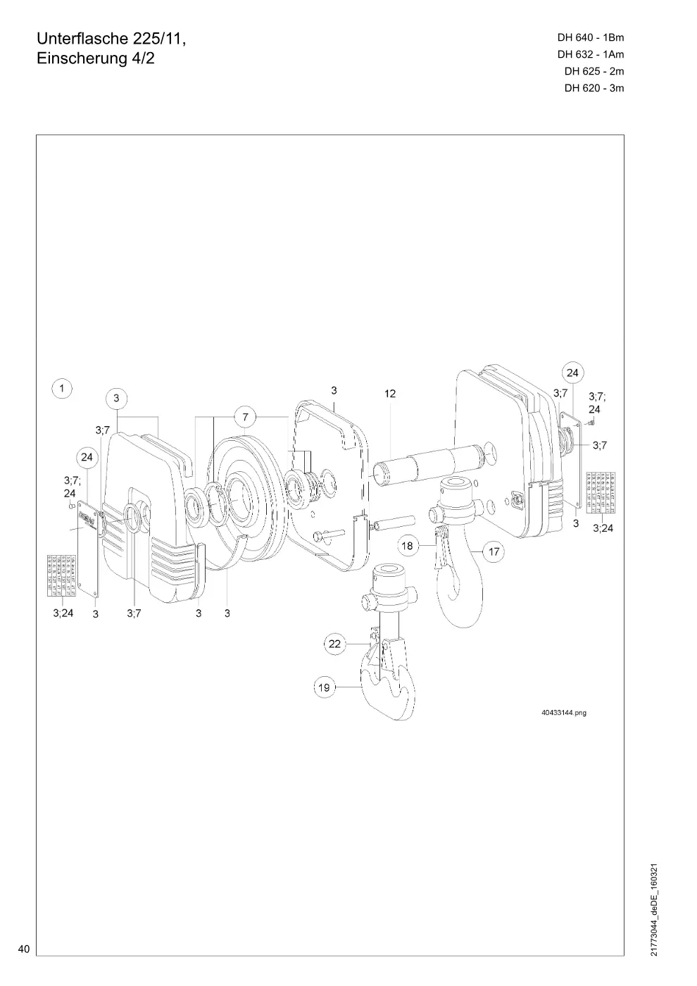 Demag DH 600 – Unterflasche 225/11, Einscherung 4/2, Zeichnung Seite 40